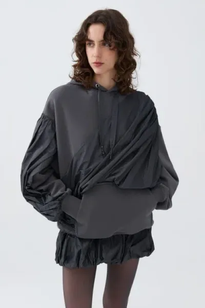 Nocturne Hooded Sweatshirt With Taffeta Drape Detail In Grey