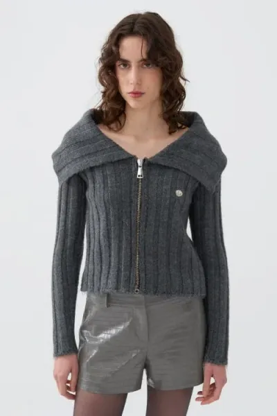 Nocturne Knit Cardigan With Metal Seal Detail In Grey