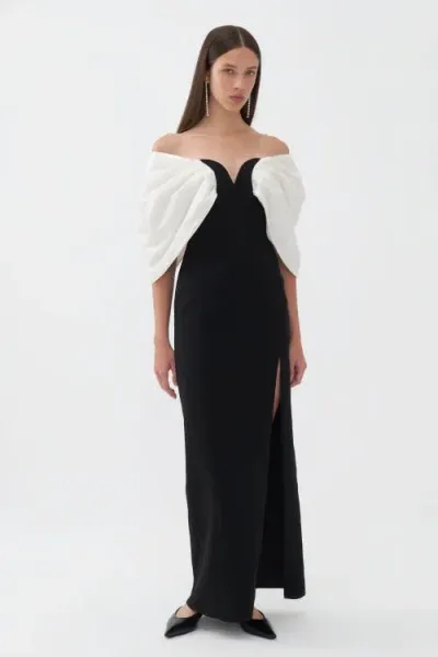 Nocturne Off The Shoulder Maxi Dress In Black/white