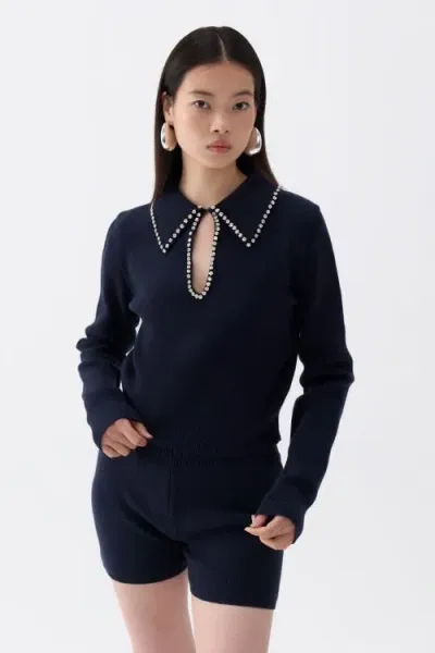 Nocturne Shirt Collar Knit Sweater In Navy Blue