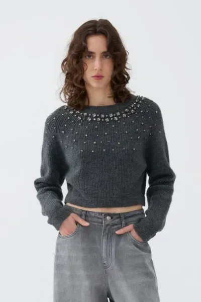 Nocturne Stone Embellished Crop Sweater In Grey