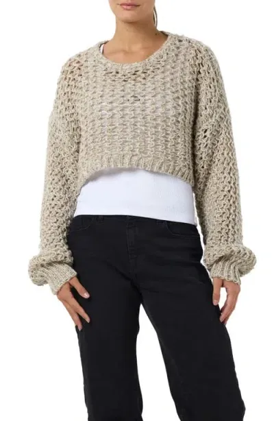 Noisy May Aries Open Stitch Crop Sweater In Tan Aluminum Detail