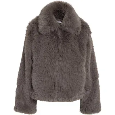 Noisy May Evie Faux Fur Jacket In Charcoal Gray