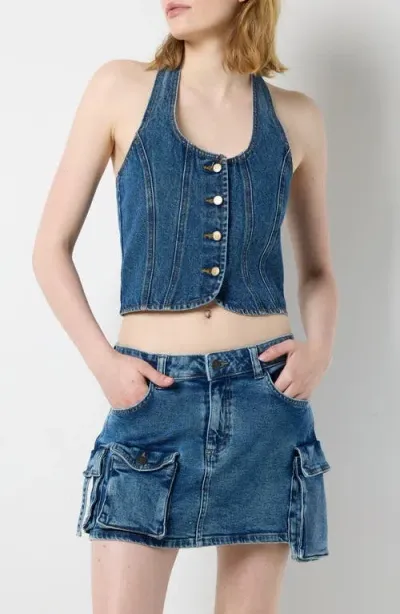 Noisy May Jara Denim Halter Top In Medium Blue Denim