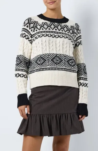 Noisy May Nor Mixed Stitch Cotton Blend Sweater In Black Pattern Eggnog