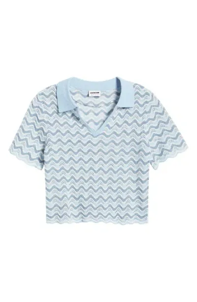 Noisy May Sadie Wavy Stripe Pointelle Short Sleeve Crop Sweater In Cerulean Allure Eggnog