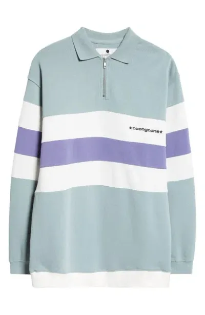 Noon Goons Laid Back Colorblock Long Sleeve Cotton Fleece Zip Polo In Aqua