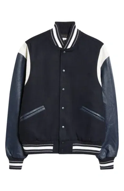 Noon Goons Sayonara Mixed Media Varsity Jacket In Dark Navy