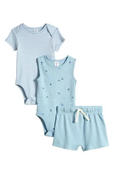 Nordstrom Babies'  Assorted 3-piece Cotton Bodysuits & Shorts Set In Blue Basalt- Blue Boats Set