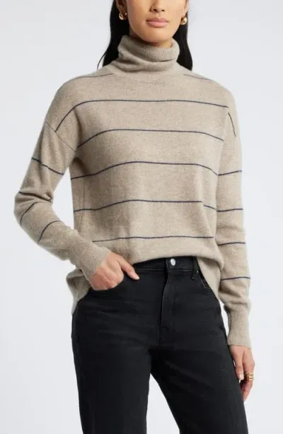 Nordstrom Cashmere Turtleneck Sweater In Beige- Navy Spaced Stripe