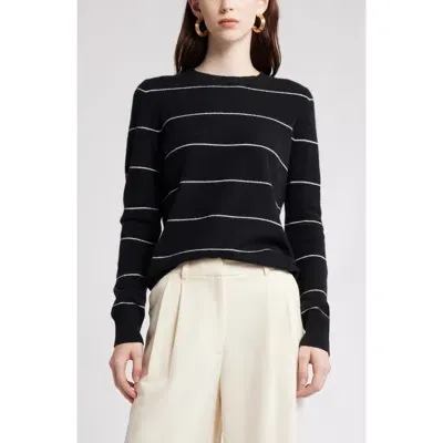 Nordstrom Crewneck Cashmere Sweater In Black- Ivory Spaced Stripe