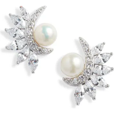 Nordstrom Sterling Silver, Cubic Zirconia & Freshwater Pearl Stud Earrings In Platinum Plated