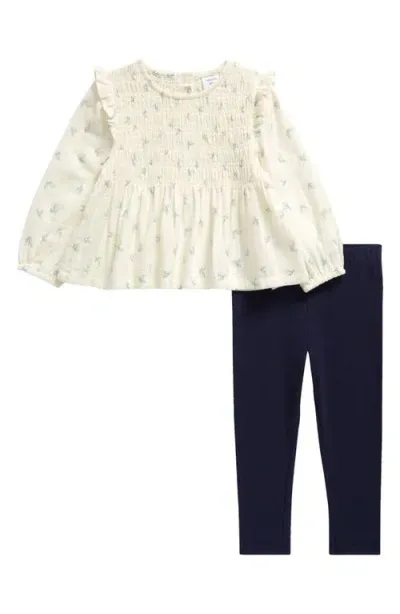 Nordstrom Babies'  Smocked Long Sleeve Top & Leggings Set In Ivory Dotted Leaves- Navy