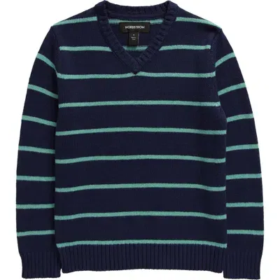 Nordstrom Kids' Cotton Blend V-neck Sweater In Navy Peacoat Green Legacy