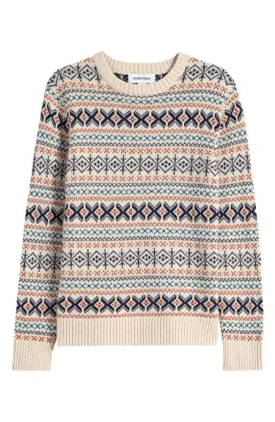 Nordstrom Kids' Fair Isle Cotton Crewneck Sweater In Beige Heather Geo Fairisle