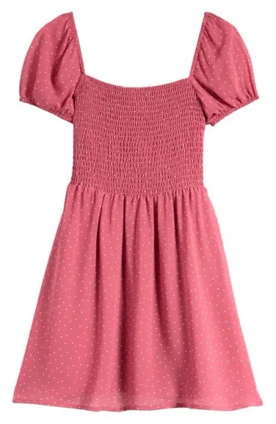 Nordstrom Kids' Smocked Bodice Puff Sleeve Dress In Pink Mauve Speckle Dot