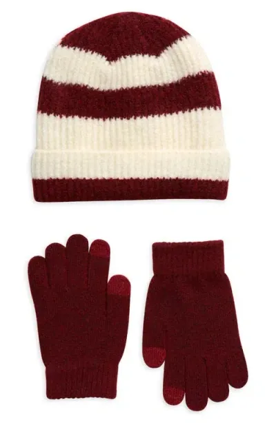 Nordstrom Kids' Stripe Beanie & Gloves Set In Red Grape- Ivory Stripe Set