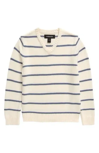 Nordstrom Kids' Stripe Cotton Blend V-neck Sweater In Ivory Egret Grey Legacy