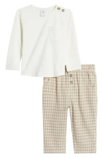 Nordstrom Babies'  Long Sleeve Cotton T-shirt & Check Flannel Pants Set In Ivory Egret- Beige Micro Plaid