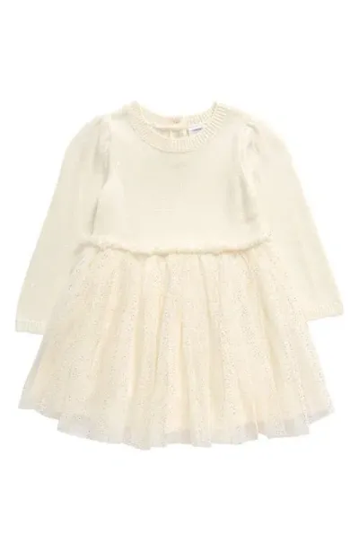 Nordstrom Babies'  Long Sleeve Mixed Media Dress In Ivory Egret