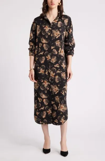 Nordstrom Long Sleeve Satin Midi Shirtdress In Black- Tan Carbon Floral