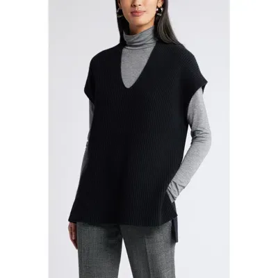 Nordstrom Oversize Wool & Cashmere V-neck Sweater Vest In Black Rock