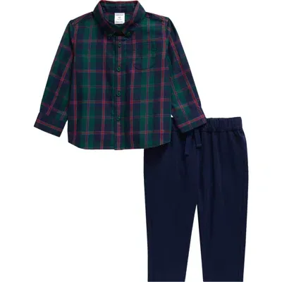 Nordstrom Babies'  Plaid Flannel Button-down Shirt & Drawstring Pants Set In Green Pampas Kelly Plaid- Navy