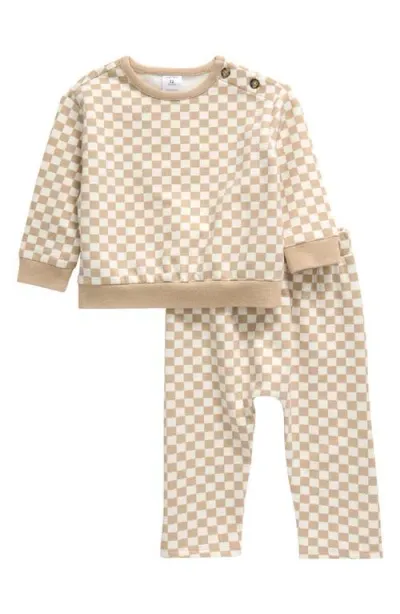 Nordstrom Babies'  So Soft Print Fleece Sweatshirt & Pants Set In Beige Hummus- Ivory Checkered