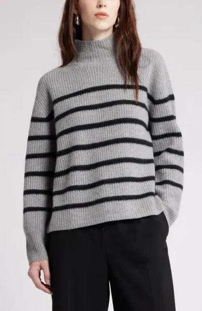 Nordstrom Stripe Cashmere Mock Neck Sweater In Grey Heather- Black Stripe