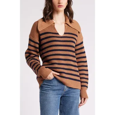 Nordstrom Stripe Long Sleeve Cotton Sweater In Tan- Navy Stripe