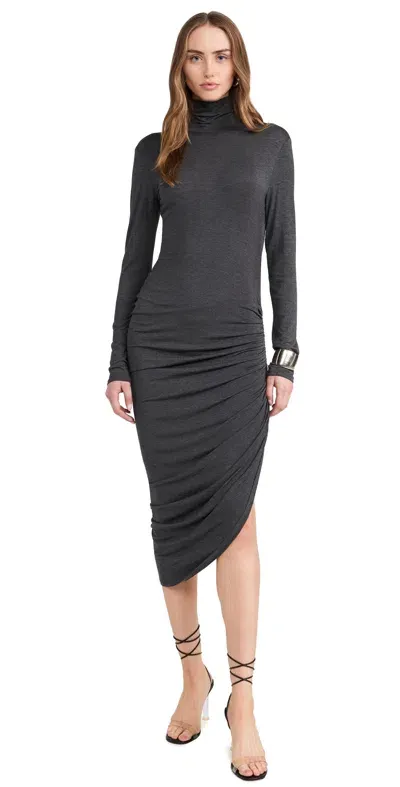 Norma Kamali Long Sleeve Turtleneck Side Drape Dress Dark Grey