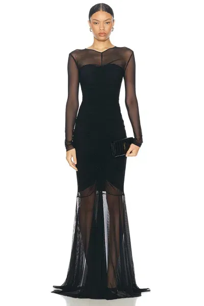 Norma Kamali Longsleeve V Neck Shirred Front Fishtail Gown In Black