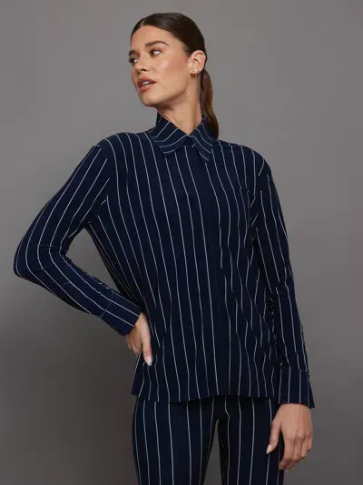 Norma Kamali Nk Shirt W/ Collar Stand In True Navy Pinstripe