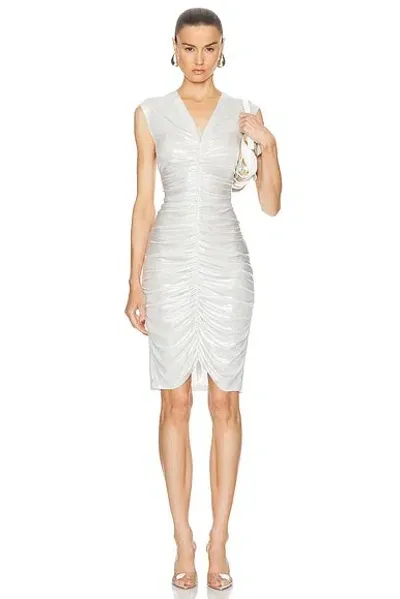 Norma Kamali Sleeveless Deep V Neck Shirred Front Dress To Knee In Metallic