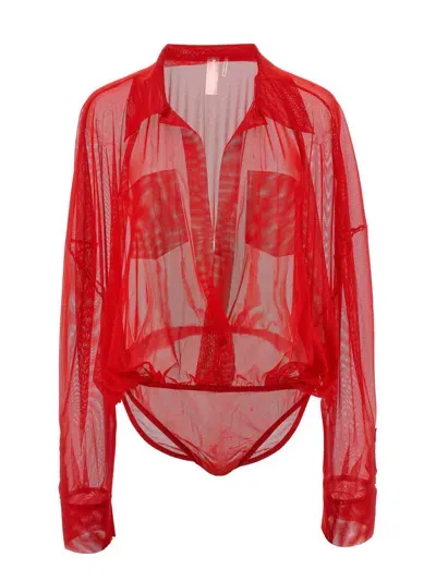 Norma Kamali Oversized Mesh Shirt Bodsuit In Red