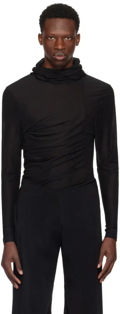 Nuba Black Draped Hoodie In Black Sheer