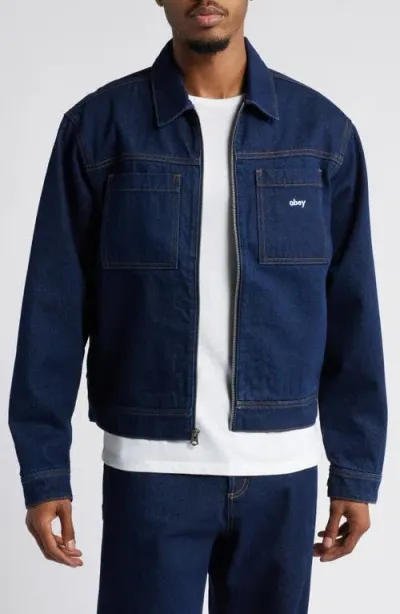 Obey Hardwork Zip Up Denim Jacket In Rinse