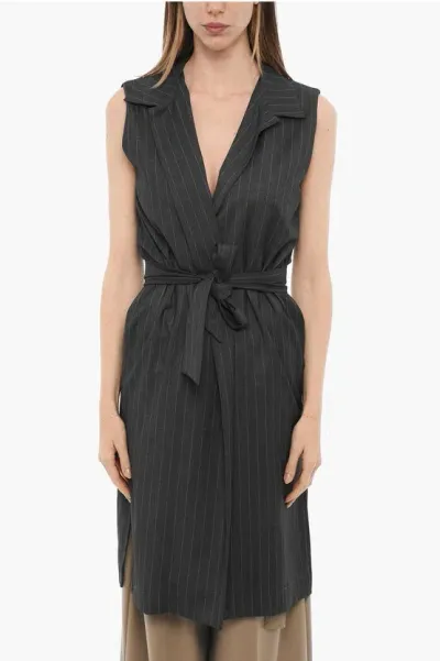 Oblo Unique Pinstriped Maxi Blazer With Belt In Black