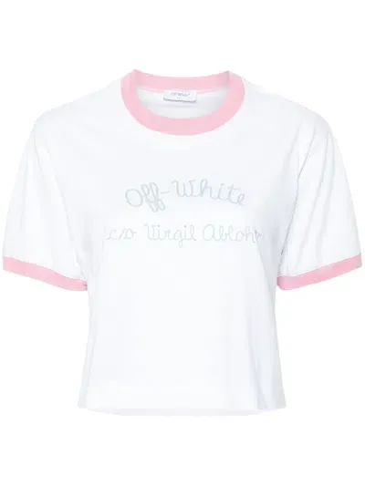 Off-white Cropped T-shirt With Embroidery In White