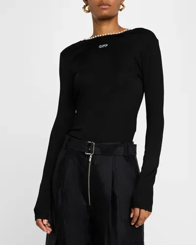 Off-white Beaded Backless Long-sleeve Rib Top In Black White