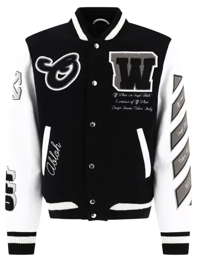 Off-white Black Leather Bomber Jacket For Men In Multicolor