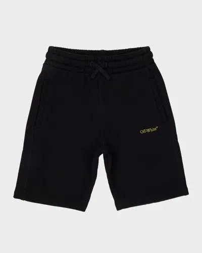 Off-white Kids' Boy's Bookish Logo-print Diagonal Graphic Sweat Shorts In Black/lime