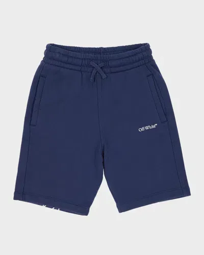 Off-white Kids' Boy's Bookish Logo-print Sweat Shorts In Navy Blue/white