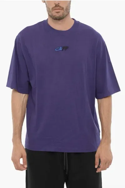 Off-white Cotton Crew-neck T-shirt With Embroidery Logo In Purple