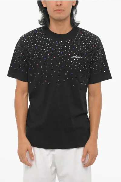 Off-white Crewneck T-shirt Embellished With Rhinestones In Black