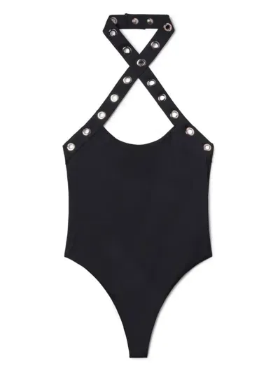 Off-white Eyelet-embellished Halterneck Swimsuit In Black