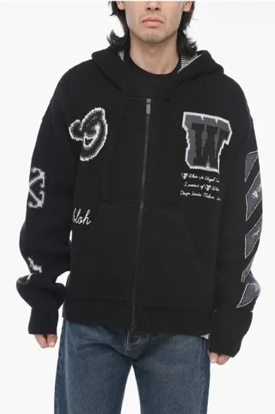 Off-white Jaquard Knitted Hoodie With Lettering In Black