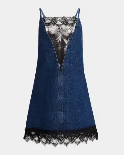 Off-white Lace 20s Denim Mini Slip Dress In Deep Blue Black