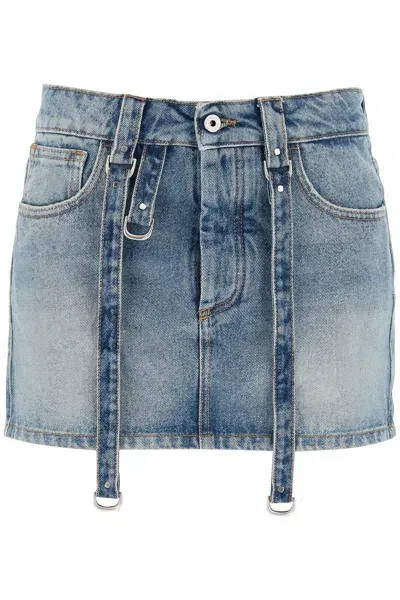 Off-white Light Blue Denim Mini Skirt With Straps For Women