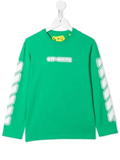 Off-white Kids' Logo Print Long Sleeve T-shirt In Green